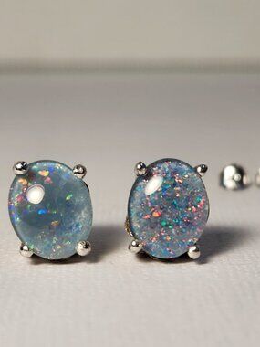 Intergalactic! VTG Large Natural Blue Fire Ridge Opals 925 10x7mm Stud Earrings